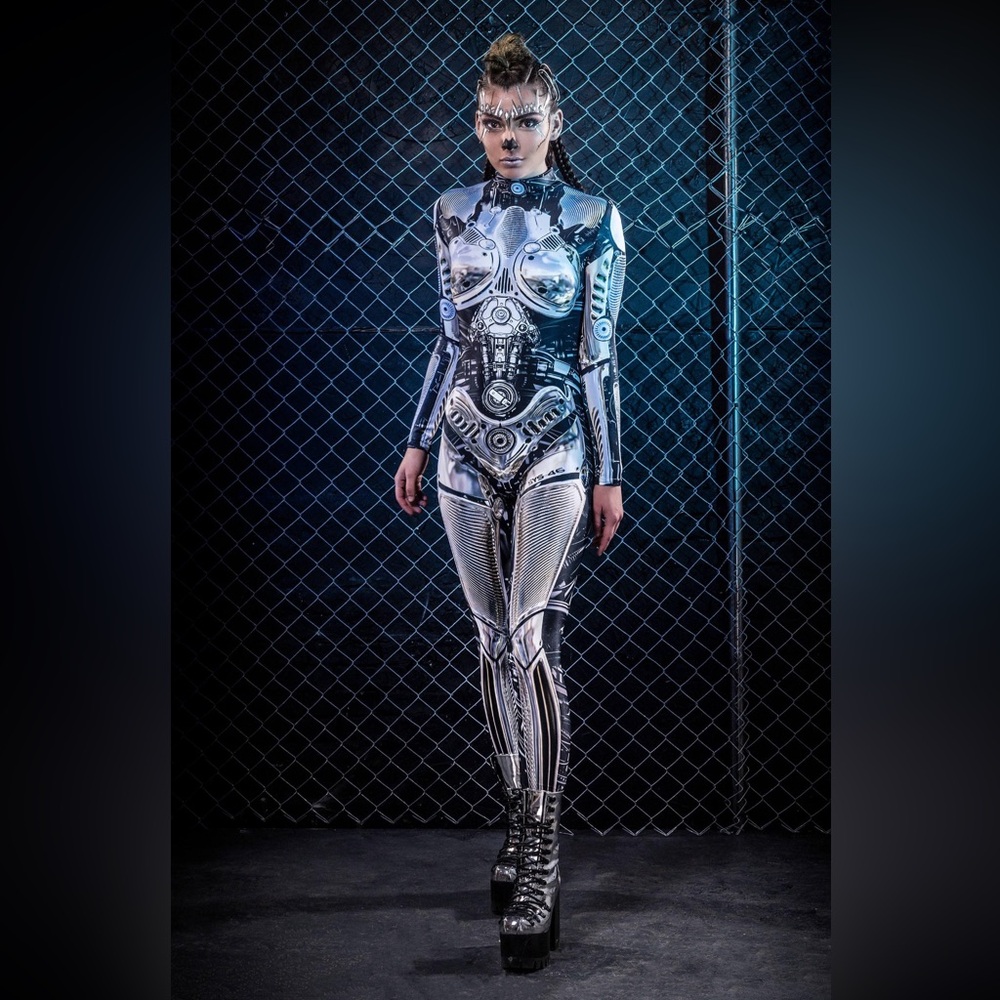 HALLOWEEN ROBOT - Futuristic Black and Silver Bodysuit - XS
